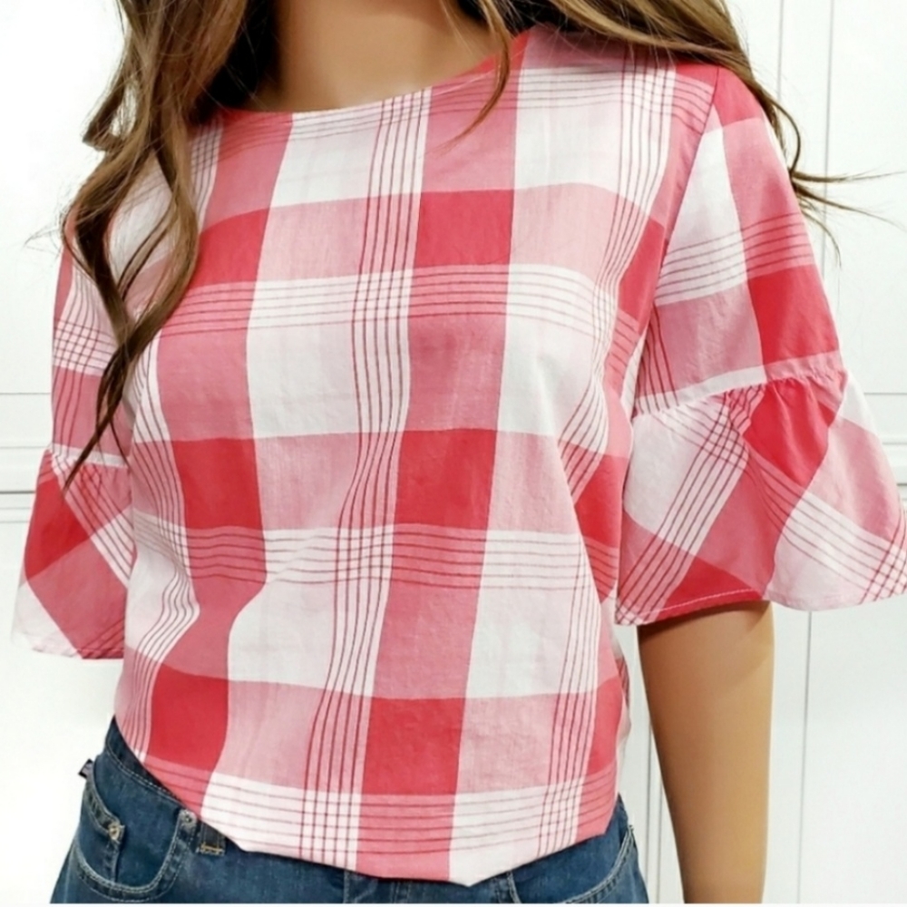 TOMMY HILFIGER Plaid Bell Sleeve Button Top Large